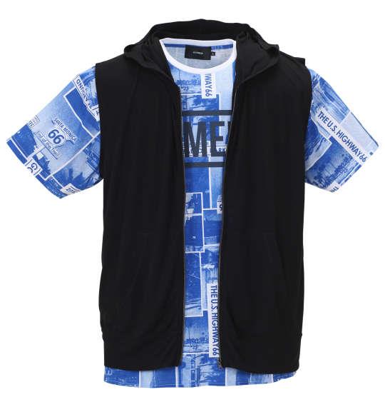 大きいサイズ メンズ BEAUMERE ノースリーブ パーカー + 総柄 裾ラウンド 半袖 Tシャツ ブラック × ブルー 1158-9201-2 3L 4L 5L 6L