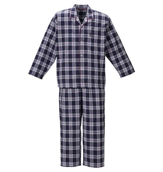 大きいサイズ メンズ marie claire homme DRY サッカー チェック 長袖 パジャマ ネイビー 1259-0200-1 3L 4L 5L 6L 8L