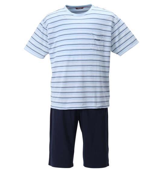 大きいサイズ メンズ marie claire homme 梨地 ボーダー 半袖 Tシャツ + ハーフパンツ サックス × ネイビー 1259-2202-2 3L 4L 5L 6L 8L