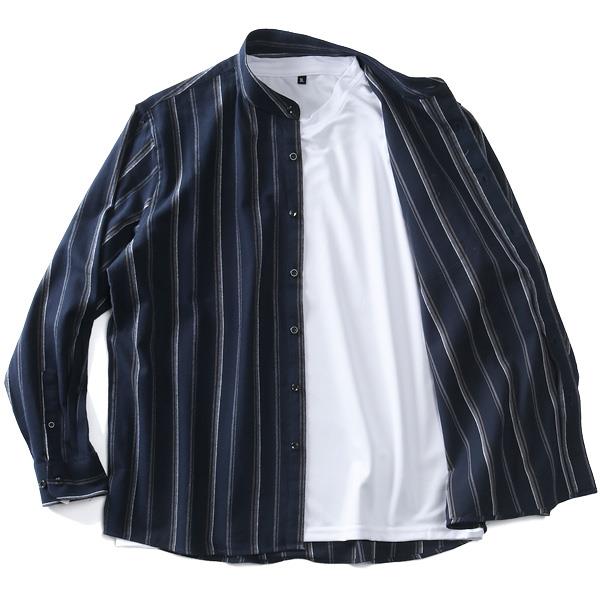大きいサイズ メンズ DANIEL DODD フランネル ストライプ バンドカラー シャツ + 長袖 Tシャツ アンサンブル 285-sh220404