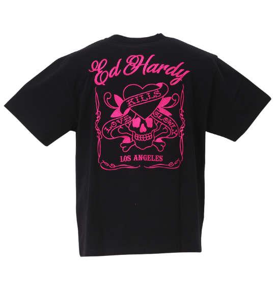 大きいサイズ メンズ Ed Hardy 天竺プリント&刺繍 半袖 Tシャツ ブラック × ピンク 1278-3561-2 3L 4L 5L 6L 8L