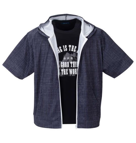 【max8】大きいサイズ メンズ COLLINS メッシュヒッコリー風プリント 半袖 フルジップ パーカー + 半袖 Tシャツ ブラック × ブラック 1258-4244-2 3L 4L 5L 6L 8L