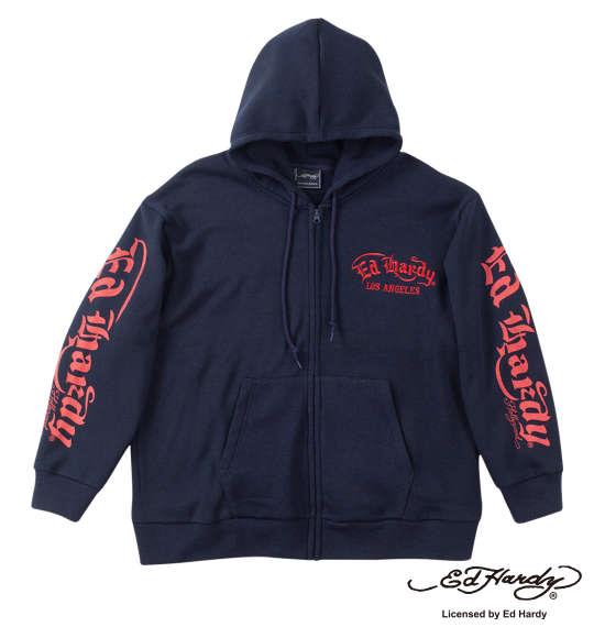 大きいサイズ メンズ Ed Hardy ニット フリース刺繍 & プリント フルジップ パーカー ネイビー 1278-4642-1 3L 4L 5L 6L