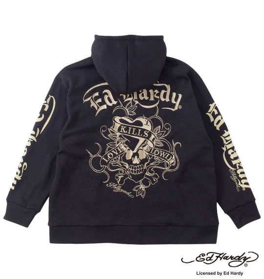大きいサイズ メンズ Ed Hardy ニット フリース刺繍 & プリント フルジップ パーカー ブラック 1278-4642-2 3L 4L 5L 6L