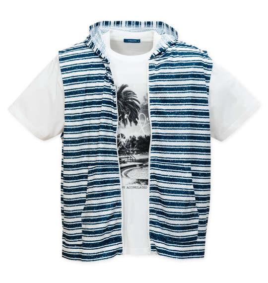 【max8】大きいサイズ メンズ COLLINS メッシュラフボーダー柄 ノースリーブ フルジップ パーカー + 半袖 Tシャツ ネイビー×ホワイト 1258-5233-1 3L 4L 5L 6L 8L