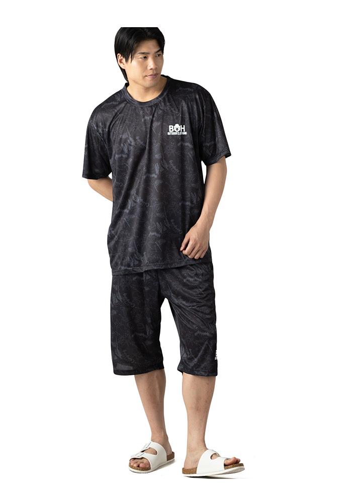 【ns623】大きいサイズ メンズ BH ビィエイチ 接触冷感 総柄 半袖 Tシャツ + ハーフパンツ 上下セット 吸汗速乾 春夏新作 bhts-260201 【fre】