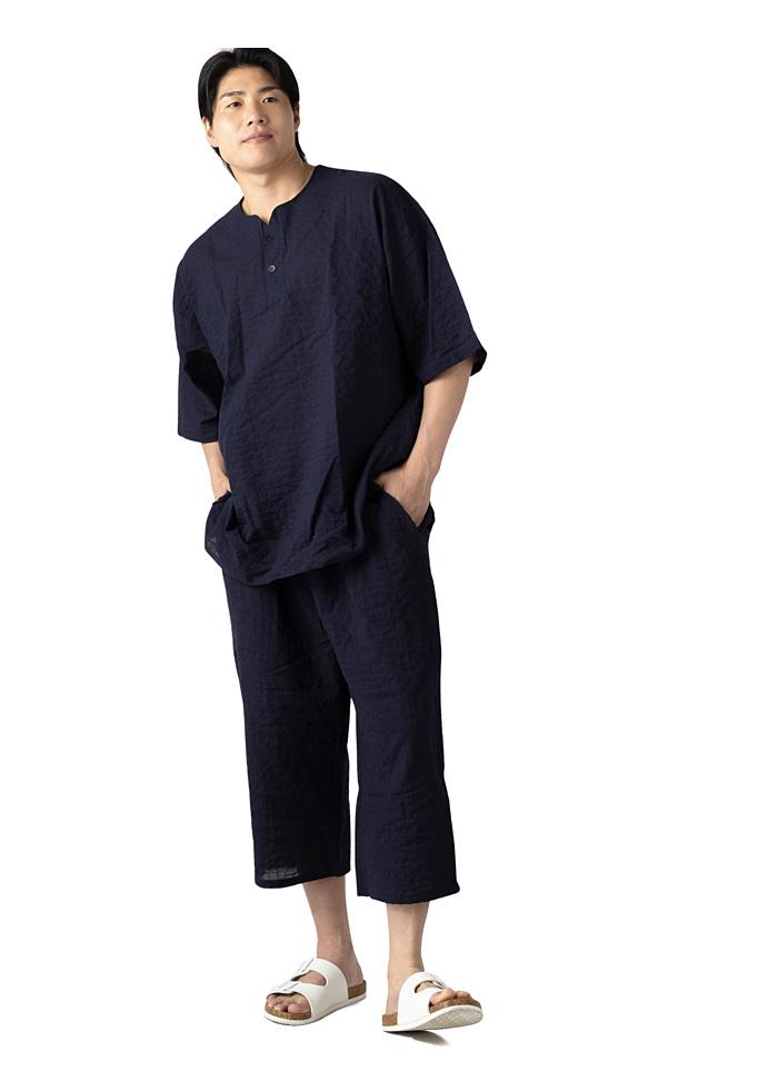 【ns623】大きいサイズ メンズ ホテル仕立ての5ツ星パジャマ ストレッチ 楊柳 5分袖 Tシャツ + 7分丈 パンツ 上下セット 春夏新作 1363m1h 【fre】