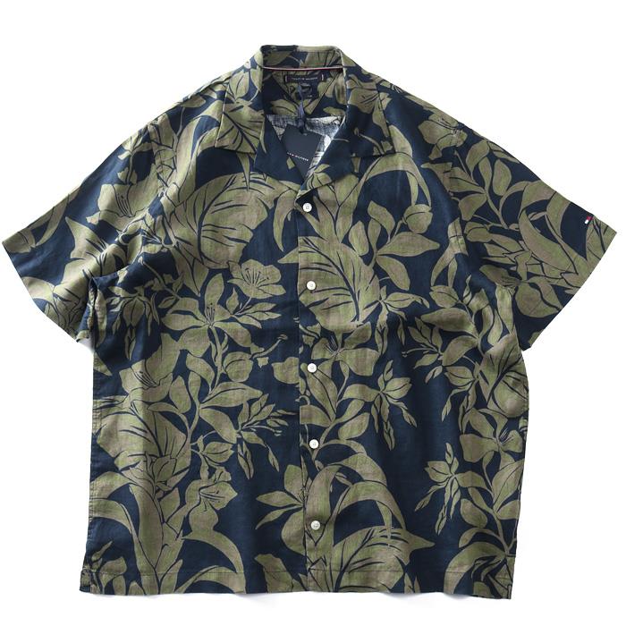 大きいサイズ メンズ TOMMY HILFIGER トミーヒルフィガー 麻100% 総柄 半袖 オープンカラー シャツ アロハシャツ USA直輸入 mw0mw42403