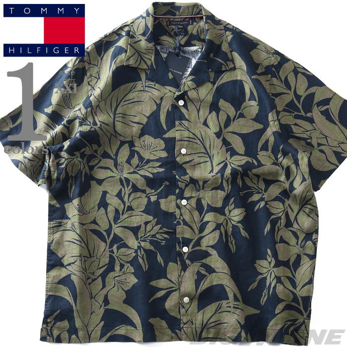 大きいサイズ メンズ TOMMY HILFIGER トミーヒルフィガー 麻100% 総柄 半袖 オープンカラー シャツ アロハシャツ USA直輸入 mw0mw42403