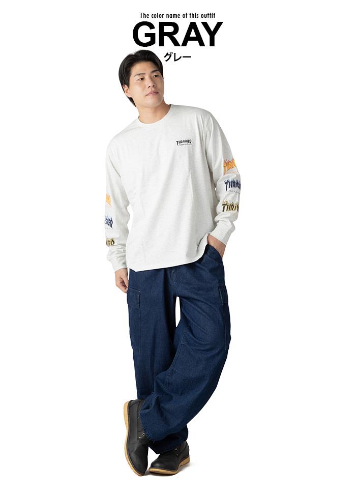 大きいサイズ メンズ THRASHER スラッシャー 袖ロゴプリント ロング Tシャツ 秋冬新作 1827103kaz 【fre】